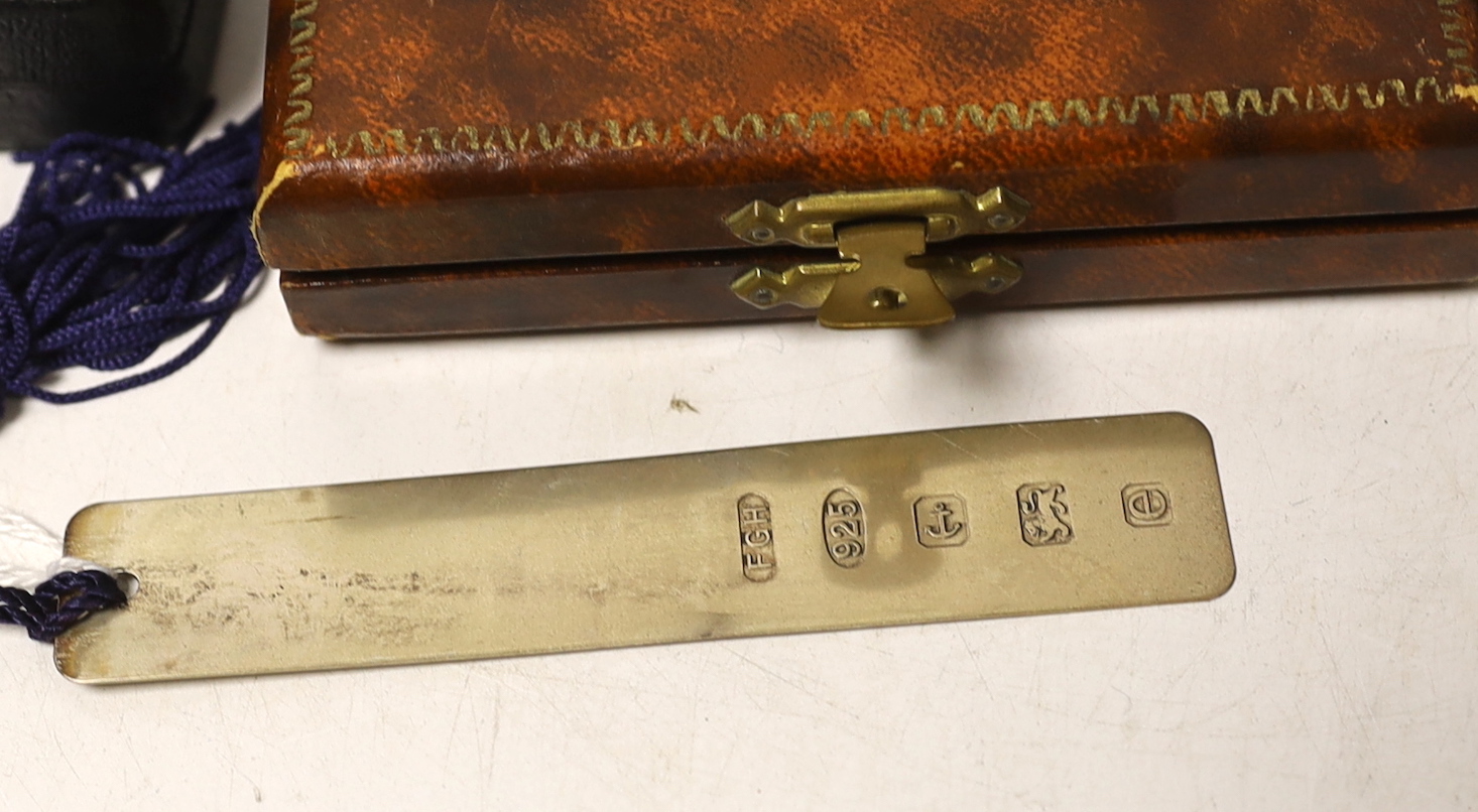 Three cased sets of sterling bridge pencils and a modern silver bookmark.